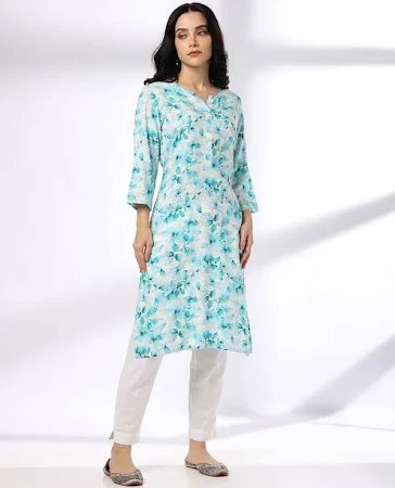 MATCH Women Leaf Print Straight Kurta For Women (White, XS)